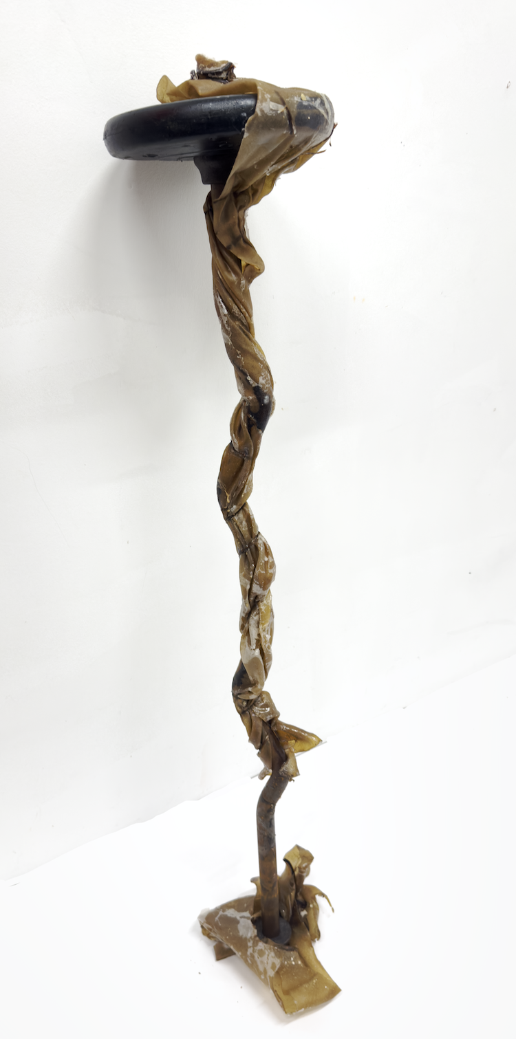Leather Press,
2026,
found olympic bar, translucent leather, resin
38" x 16"