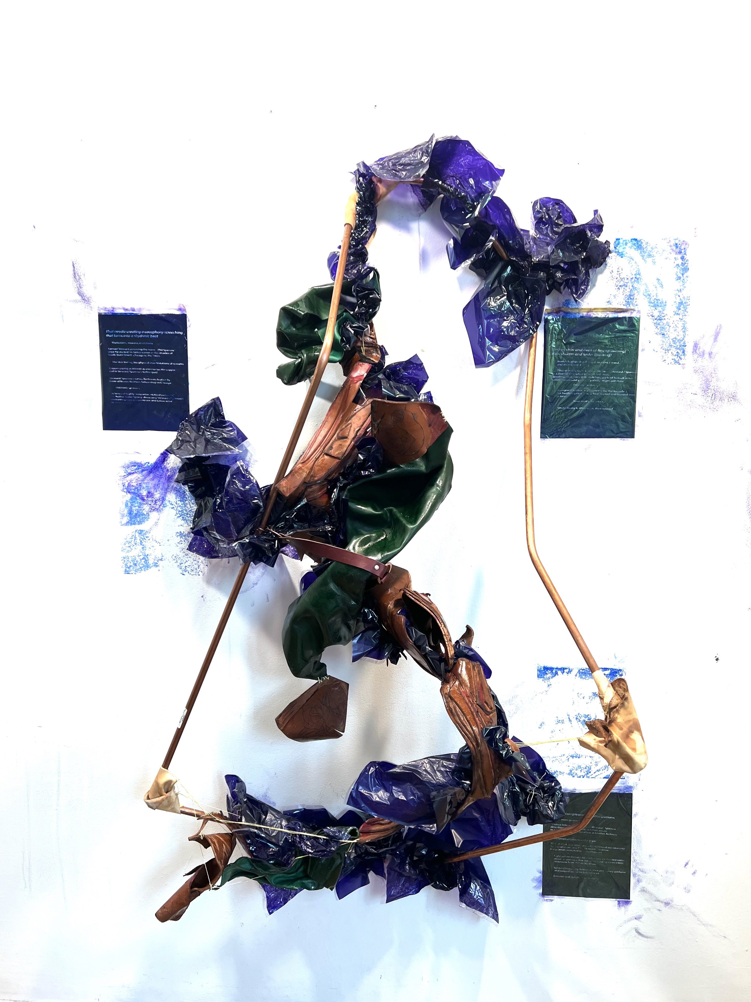 The Skin Feeling Like Physical Manifestations of Screams, 2023, tattooed leather, layered and carved leather, heat-soaked and molded veg-tan leather, copper,  tattoo transfer paper