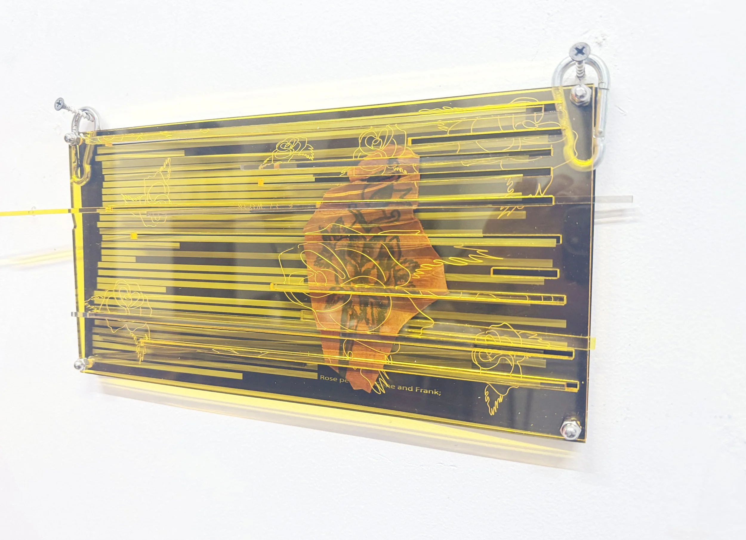 Rose to Phil Sparrow, 2026, redactions from Samuel Steward / Phil Sparrow’s STUD file at the Leather Archives and Museum etched onto anodized aluminum, Sparrow flash tattooed by onto leather, 7” x 14”