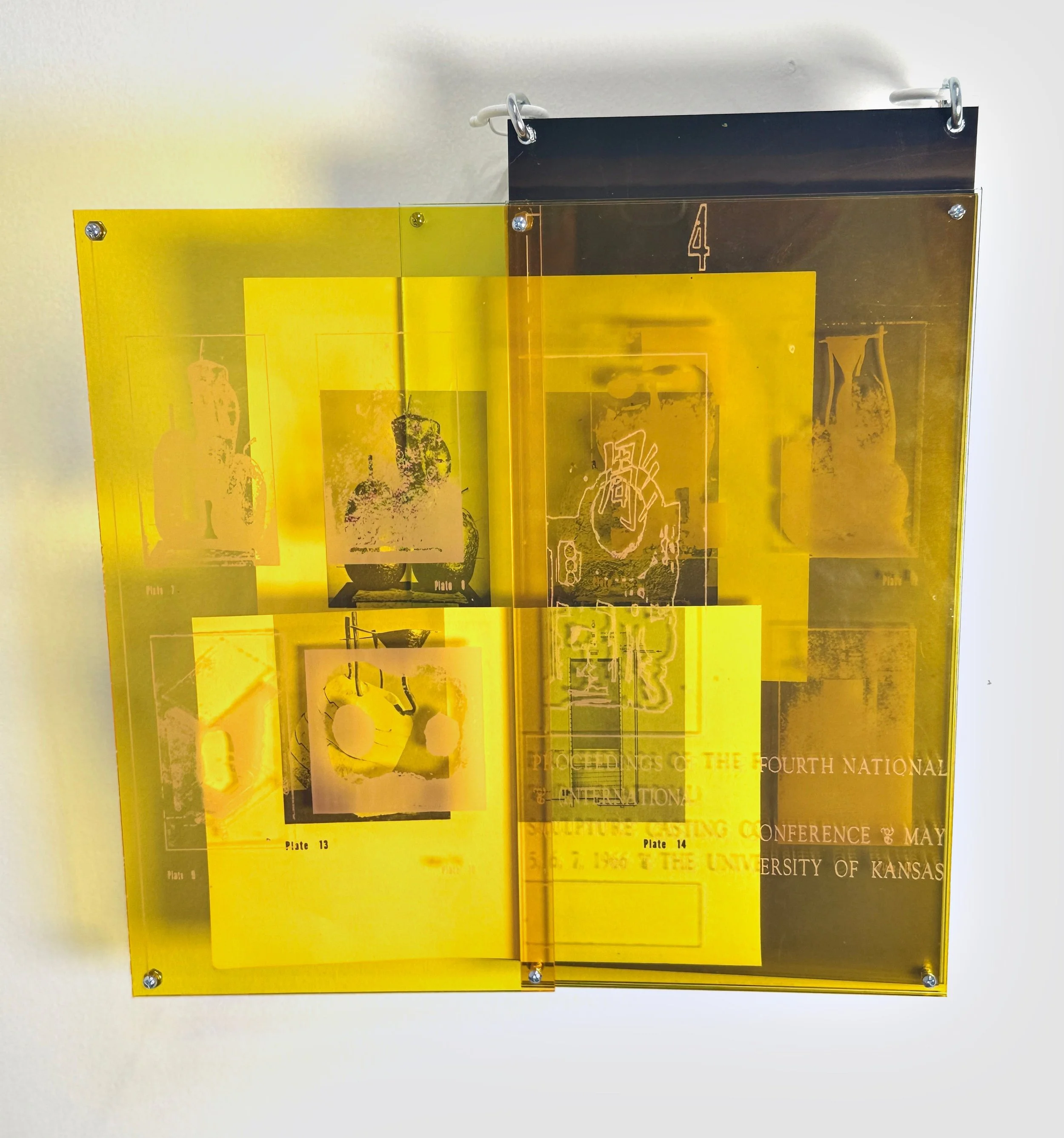 Steam Casting , 2026, Etched acrylic and anodized aluminum, excerpts from the 1966 Sculpture Conferences at the University of Kansas on the process of making a DIY steam-machine for the lost-wax method , 12” x 12” x 1/2”