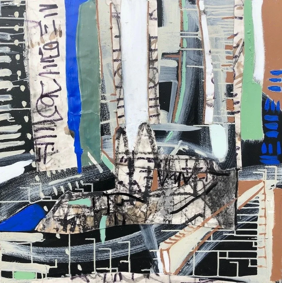 &ldquo;Church&rdquo; is a 30 x 30 inch mixed media piece from 2019. The layered collage, bold vertical forms, and sharp linework give the composition a strong architectural feel. The cobalt, green, and neutral tones break up the surface in a way that