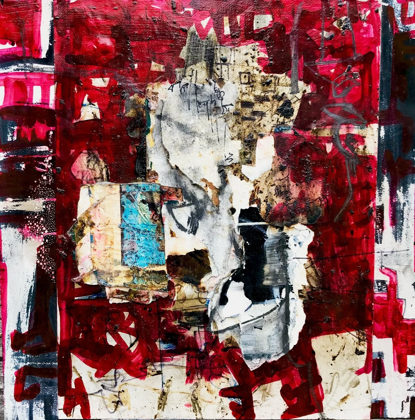 &ldquo;Dissolve&rdquo; is a 24 x 24 inch mixed media piece from 2017. The deep reds pull you in first, then the layered collage, scraped surfaces, and exposed marks create a rhythm that moves across the panel. The pop of turquoise on the left gives t