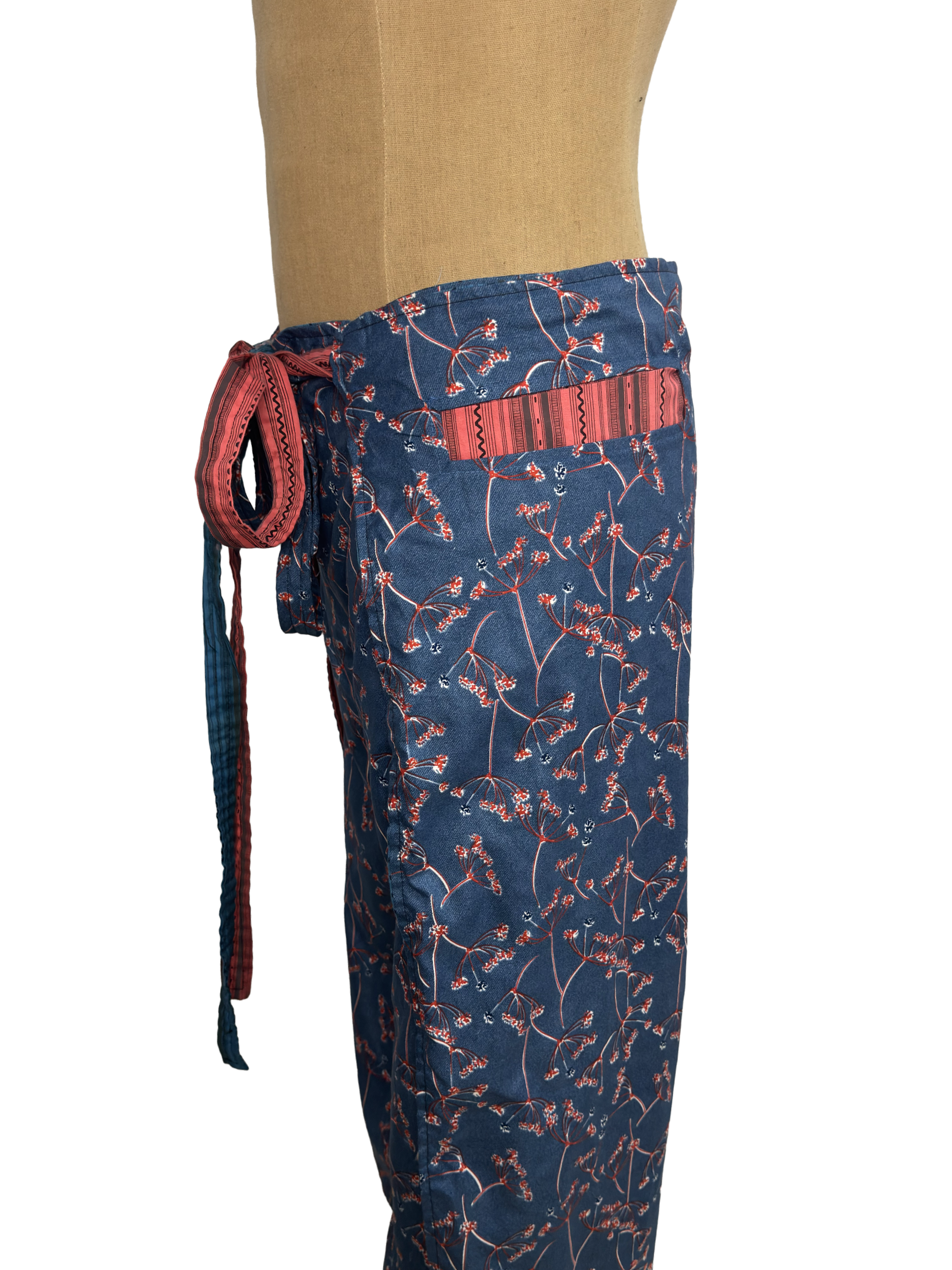 Side view of cherry blossom pants with tie waistband