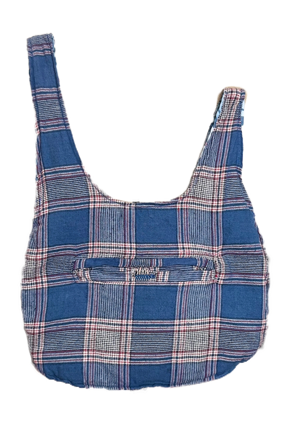 A torso mannequin wearing a plaid backpack with blue, red, and white patterns.
