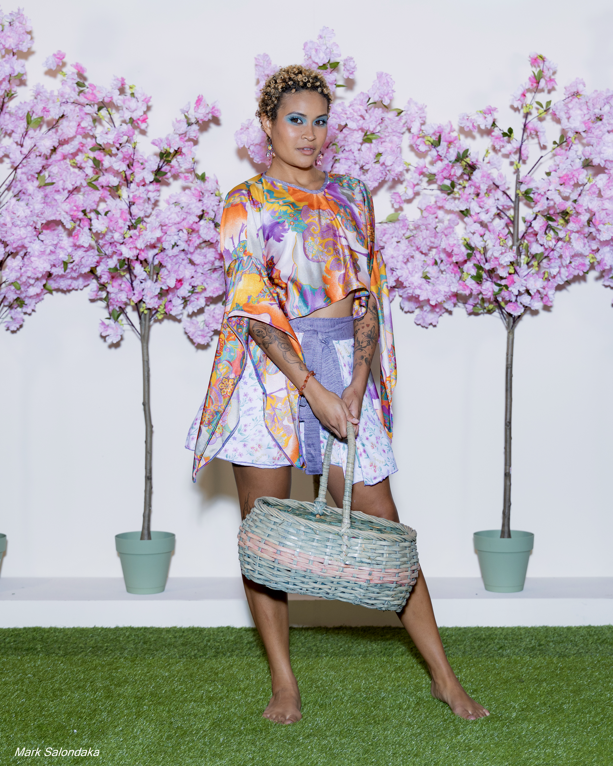 Model: Woosky. Wearing: Split-Sleeve Crop and Short Wrap Skirt