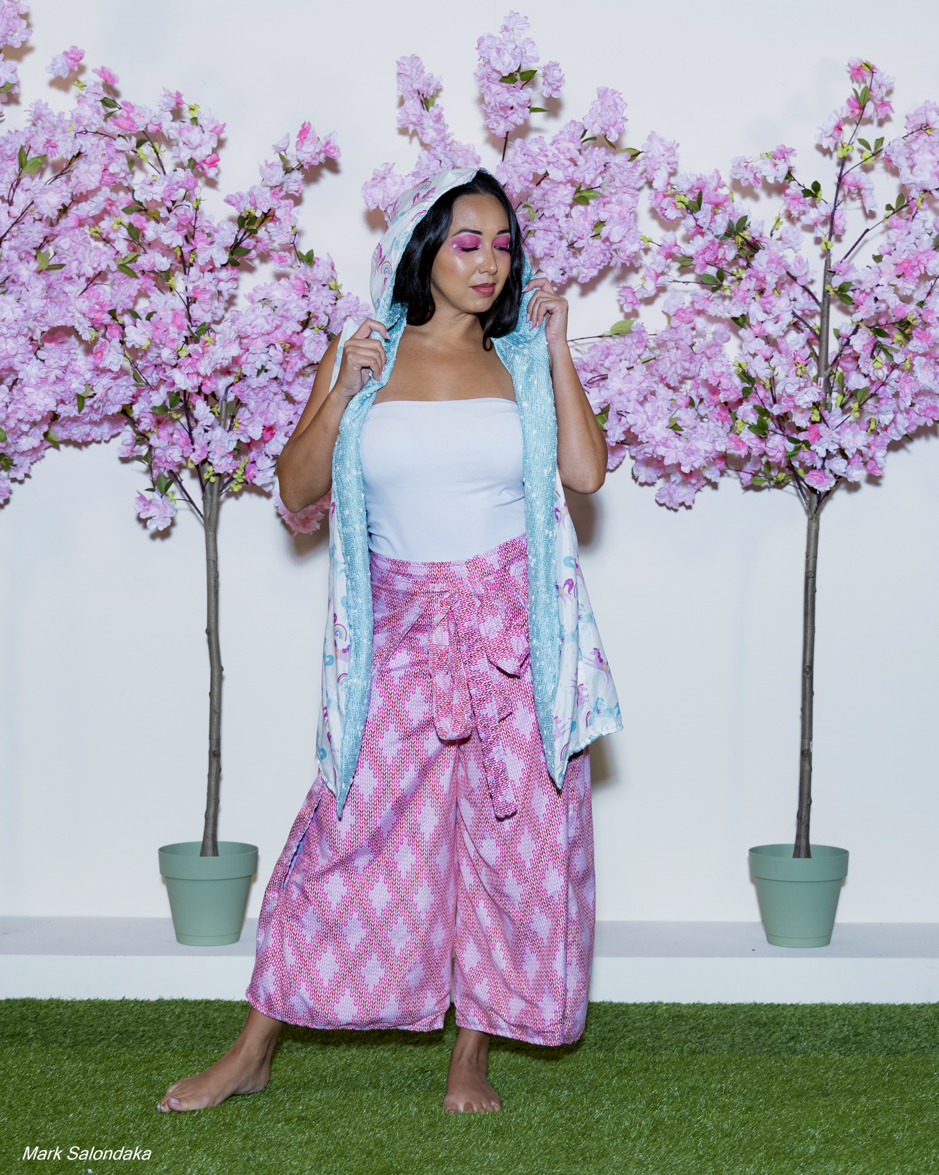 Model: Janine. Wearing: Wrap Pants and Cowled Cloak (Structured, Reversible)