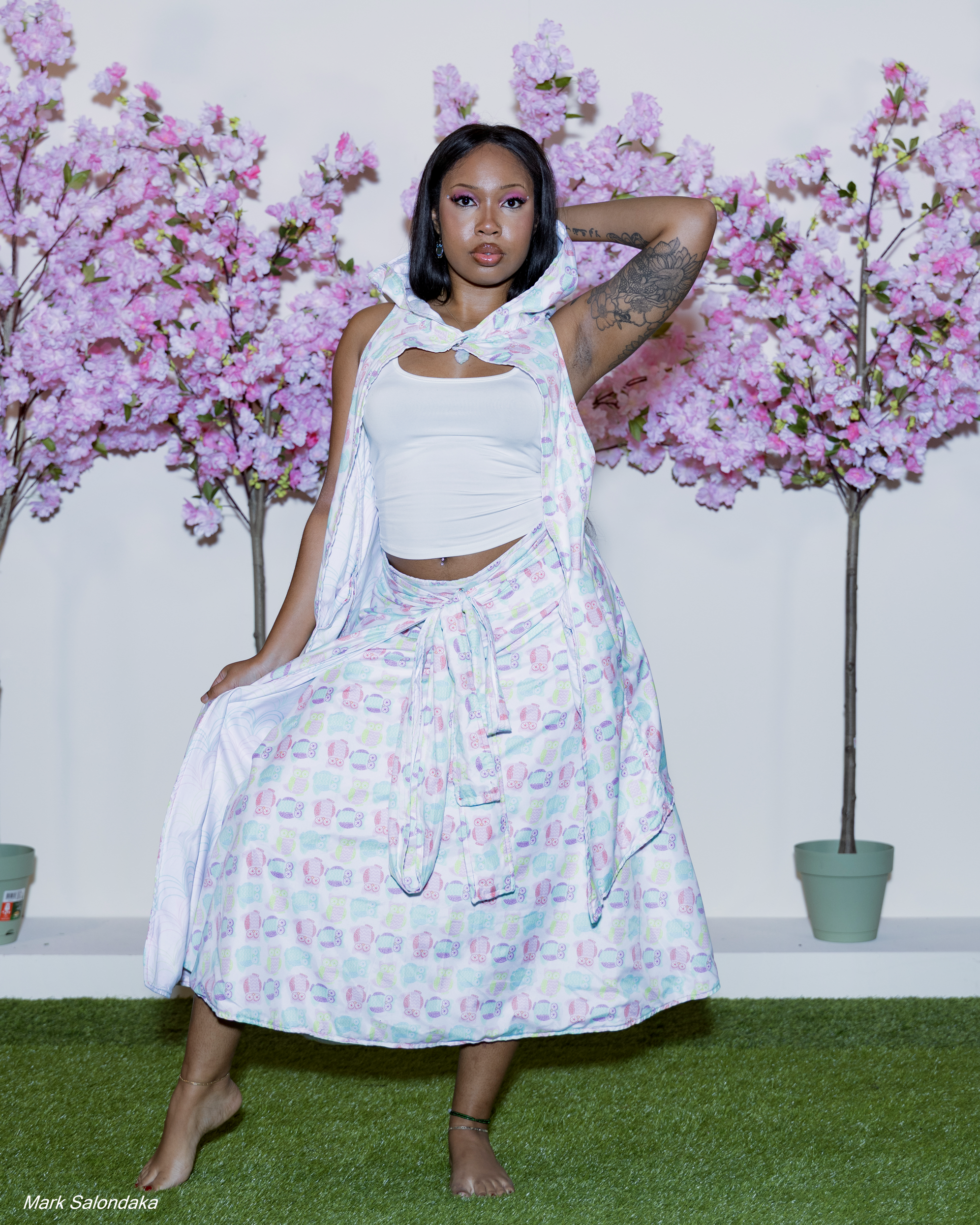 Model: Kaela. Wearing: Wrap Skirt and Cowled Cloak (Relaxed, Reversible)