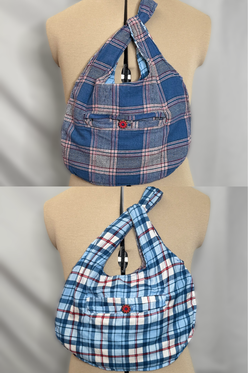 Two plaid shoulder bags, one in blue and red check pattern, the other in blue and white check pattern, displayed on a dress form.