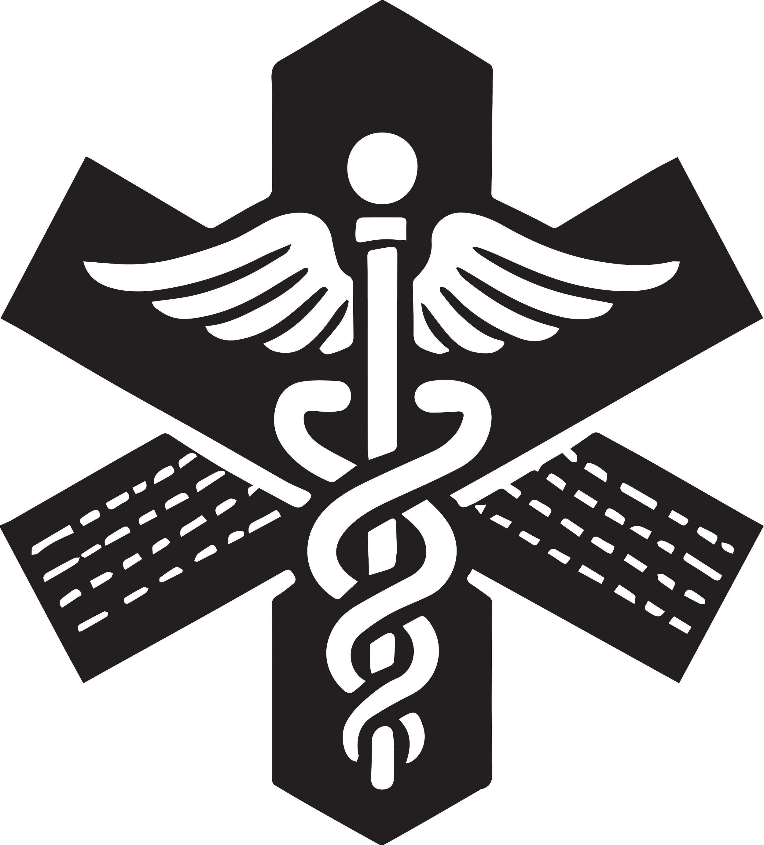 Medical caduceus symbol with wings, a staff, and a serpent, surrounded by medical documents.