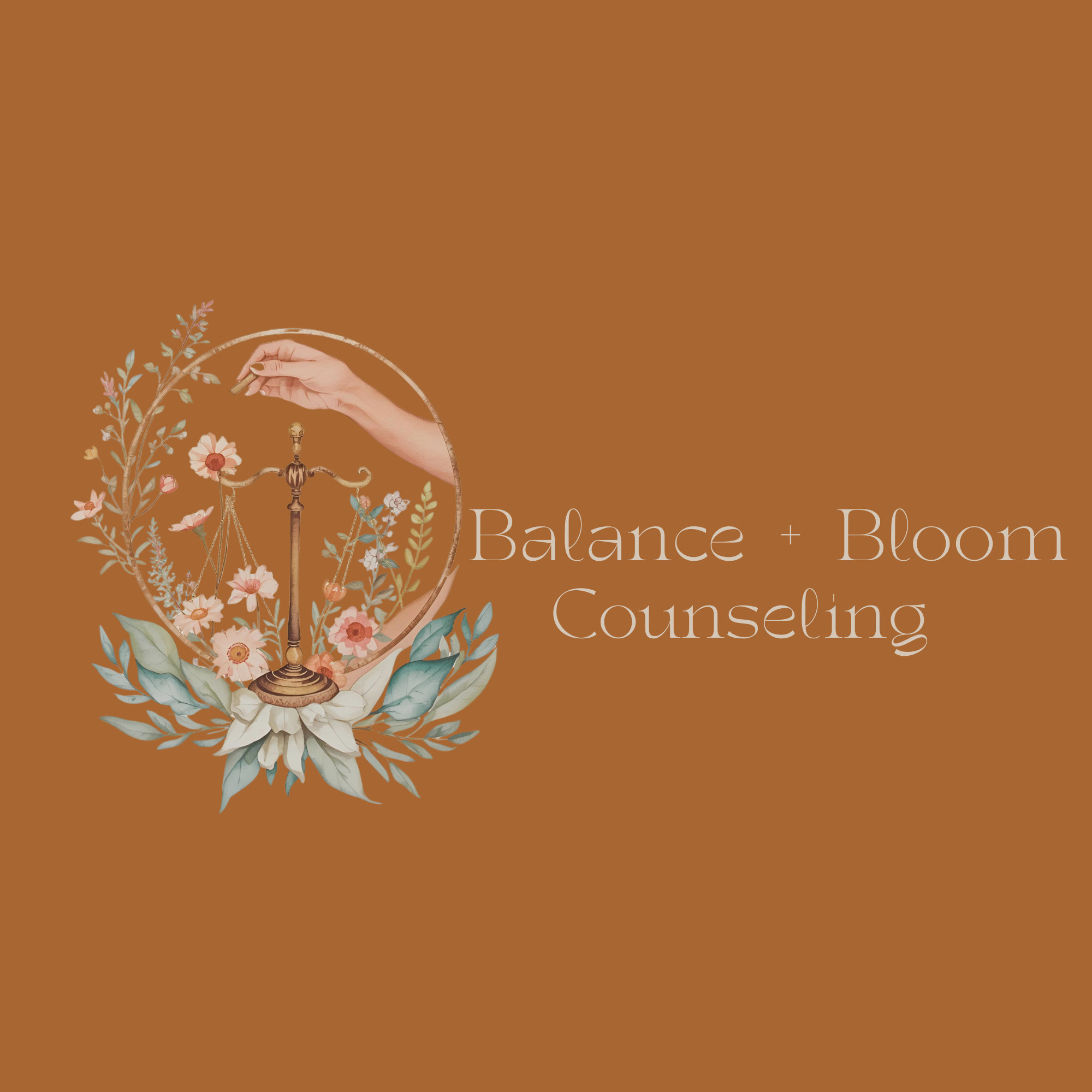Illustration of a hand adjusting a vintage balance scale surrounded by floral and leafy decorations, with the words 'Balance + Bloom' partially visible.