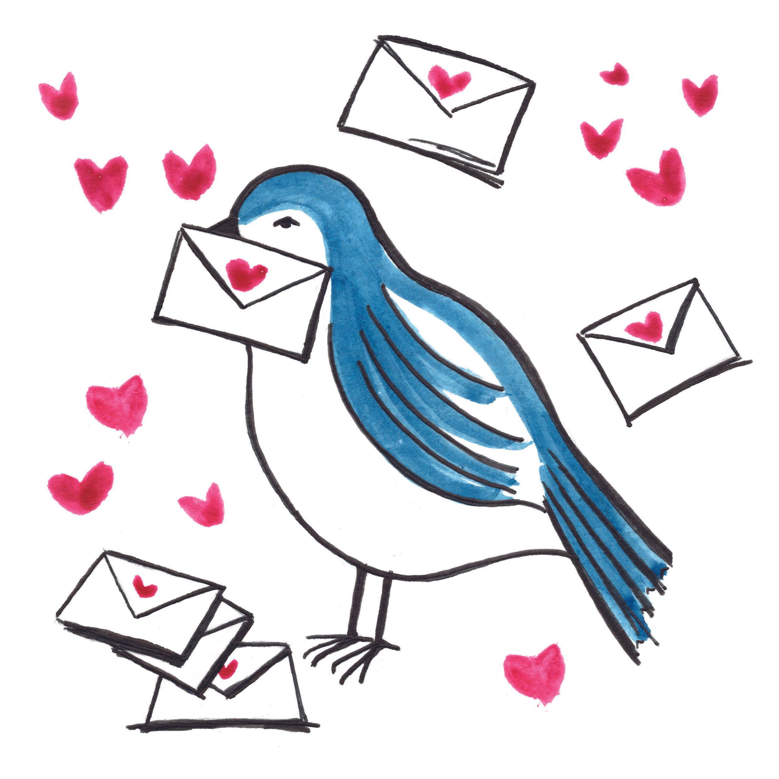 Bird postie - watercolour, pen