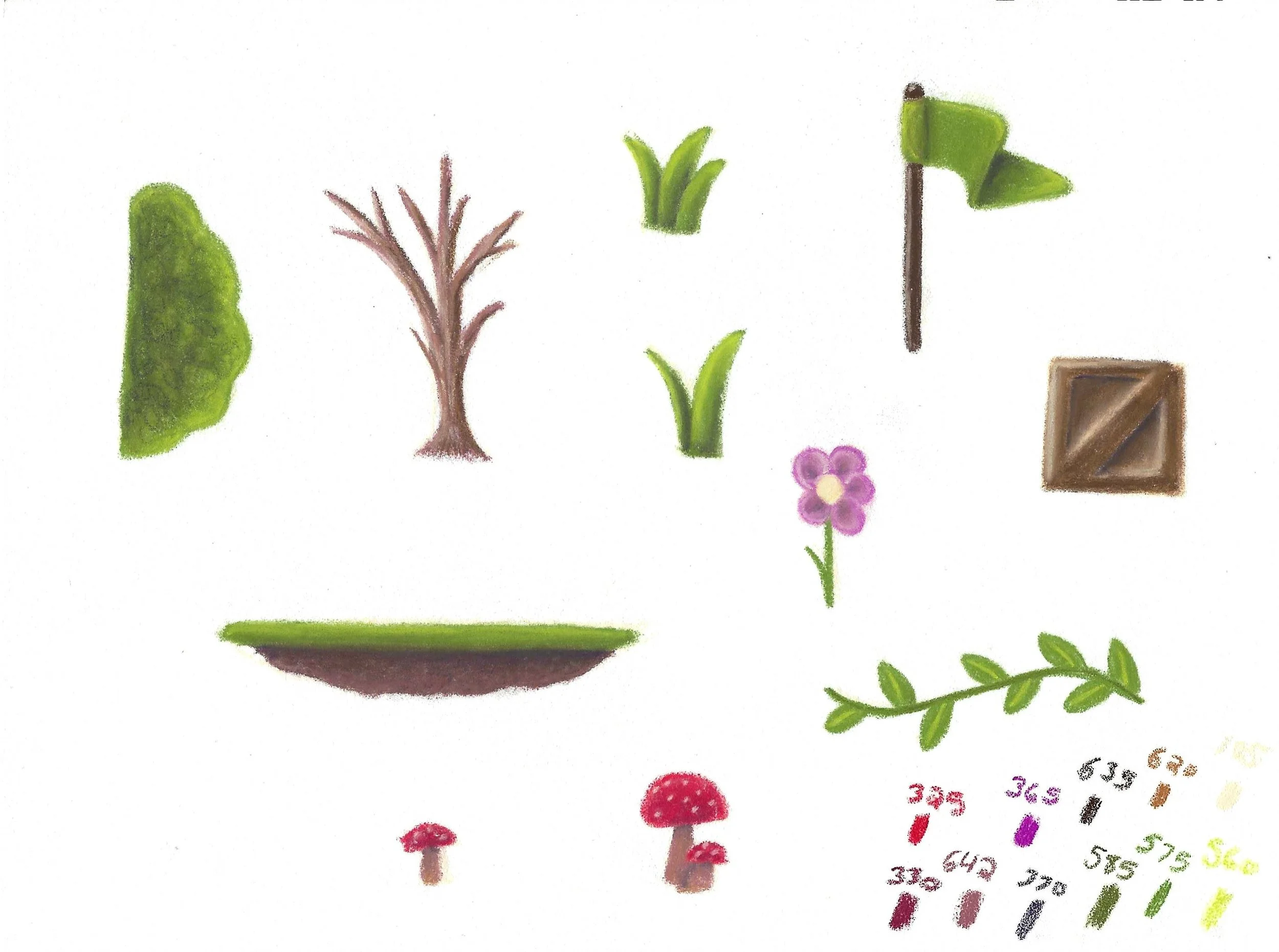 Asset page, The Generous Muskoom, Thatgamecompany x COREBLAZER game jam, Chalk Pastel