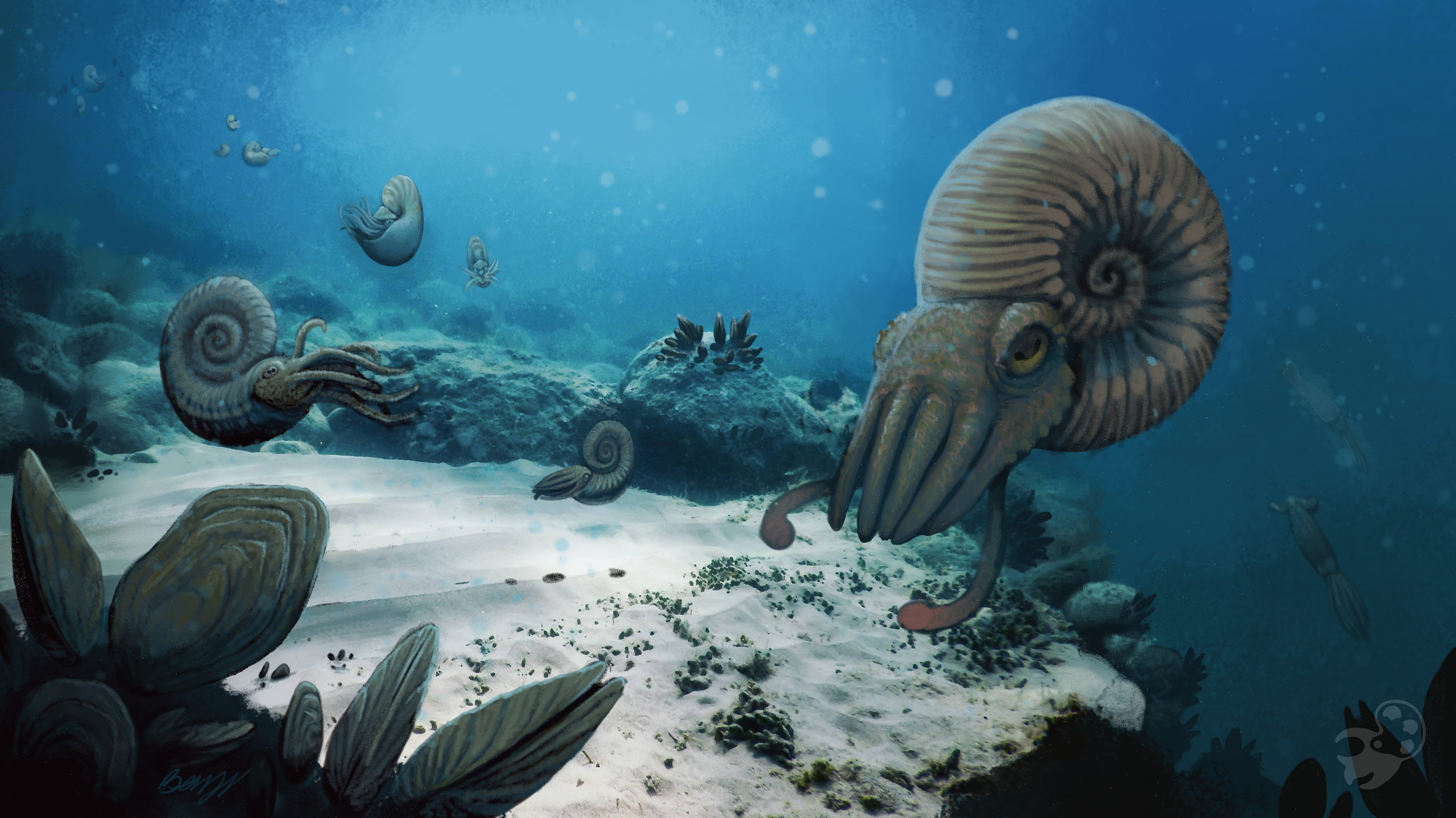 Some curious ammonites inspect the seabed, littered with mollusks at the Lake Clarke Fossil Pointe, AK