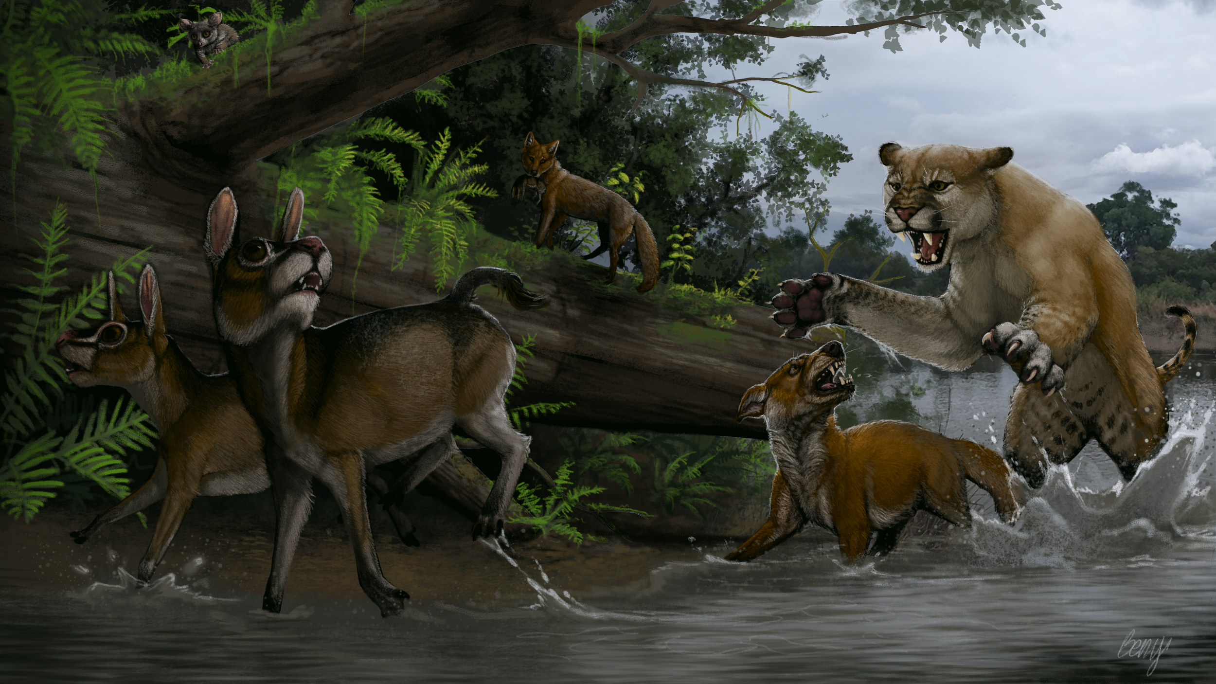 Painting depicting fauna from the Scotts Buff Fossil Site in Nebraska.