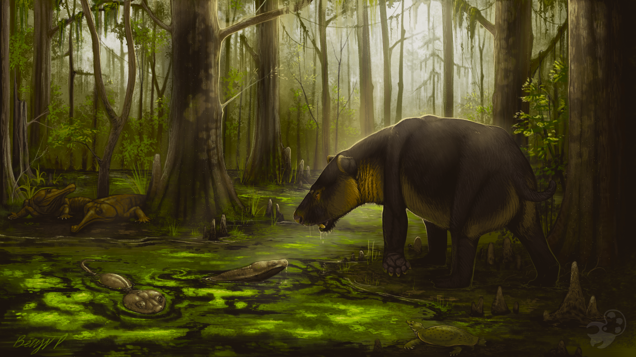 Titanoides encounters some amphibians in a Late Eocene swamp of Theodore Roosevelt National Park.