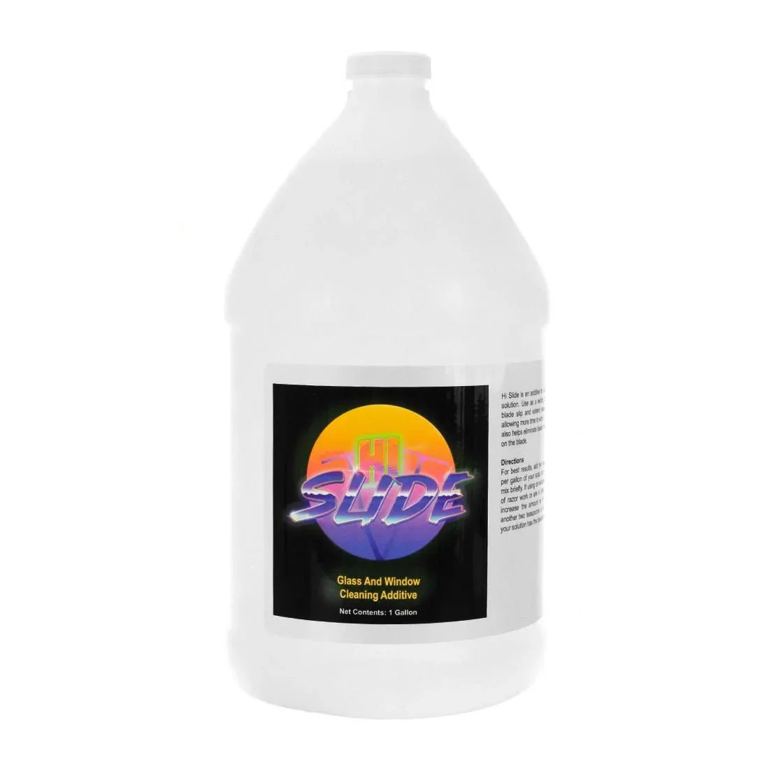 A gallon bottle of Hi Slide glass and window cleaning additive with a colorful retro-style label.