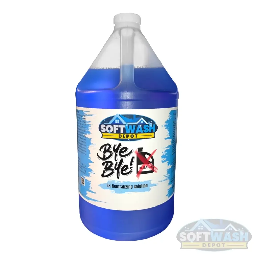 A large blue bottle of SoftWash Depot Bye Bye! SH Neutralizing Solution household cleaning product.