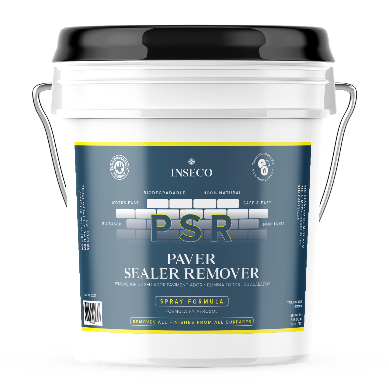 Paver sealer remover product container labeled INSECO PSR with spray formula, biodegradable, non-toxic, and fast acting, designed for removing finishes from all surfaces.
