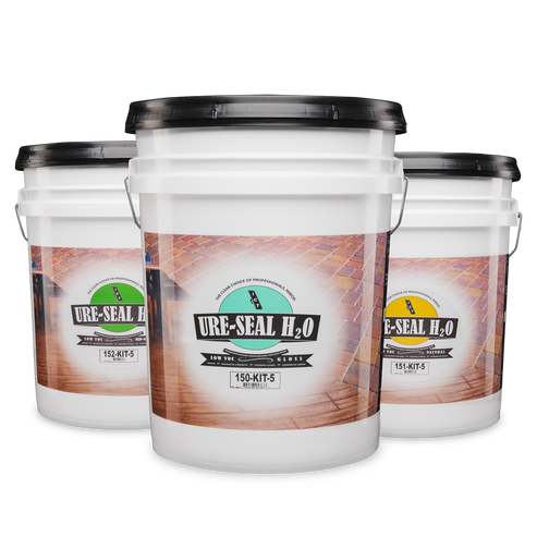 Three white buckets of ure-seal H2O waterproofing coating, with labels showing a brick wall pattern.