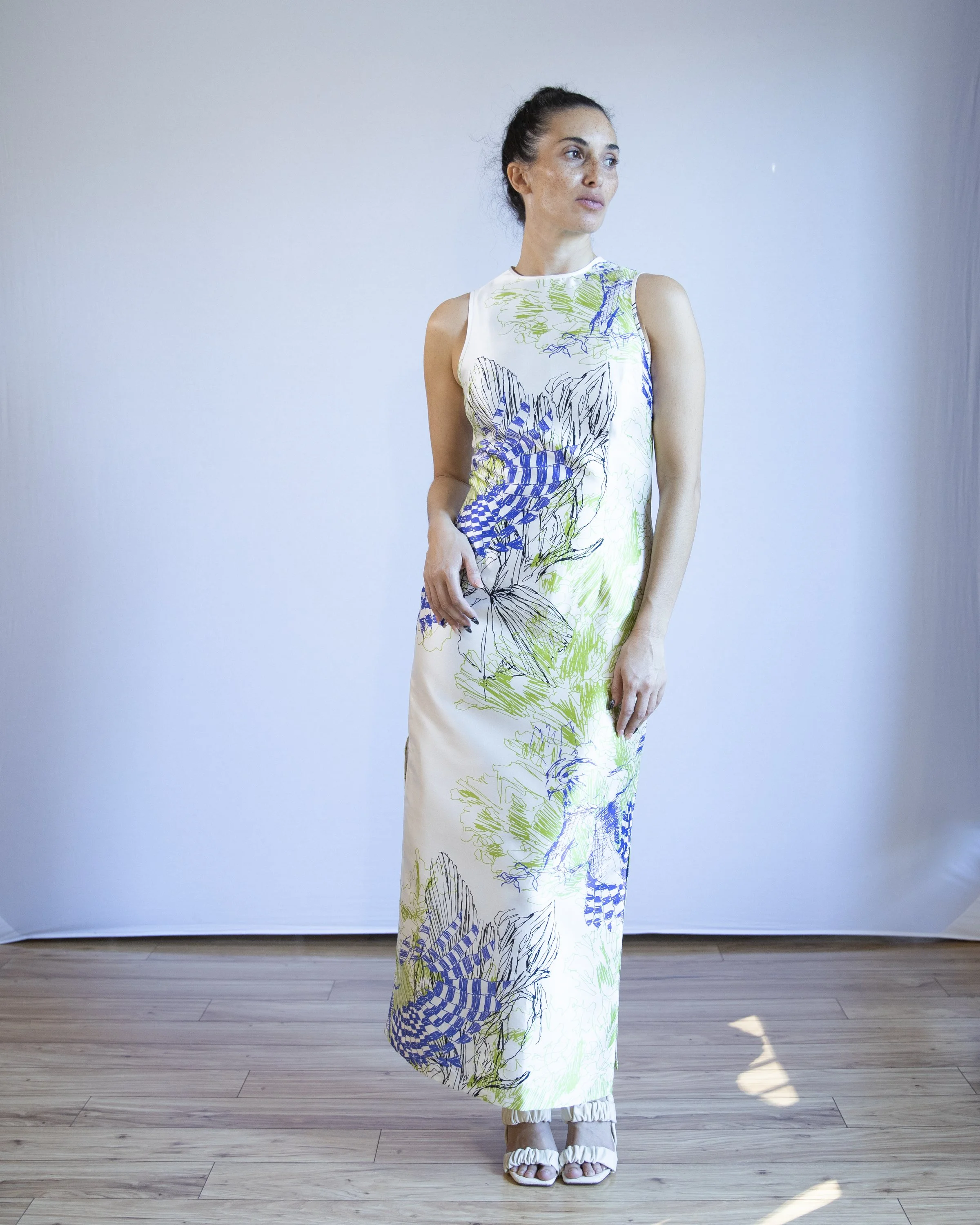 White column gown with bird pattern
