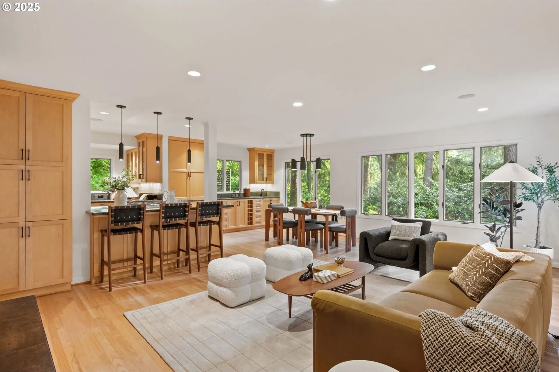 A modern designer home staging with elevated, contemporary mid century staging furniture. This multi million dollar home in West Portland sold quickly with the help of the best home staging in Portland 