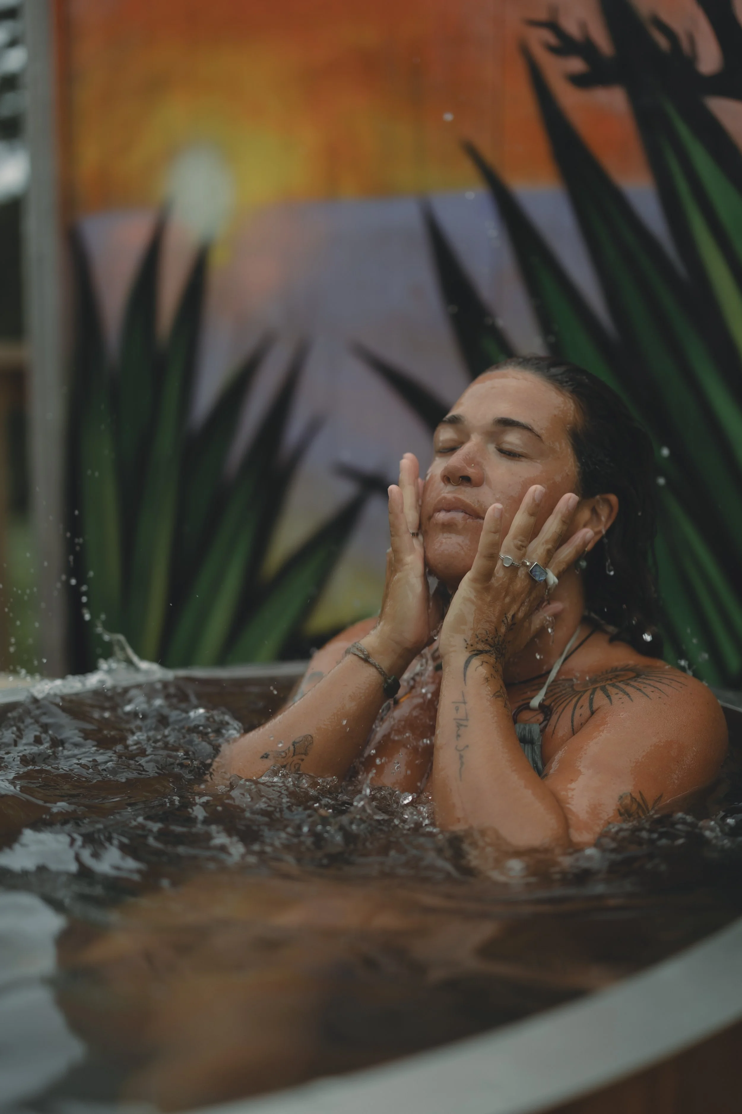 Woman in ice bath. 