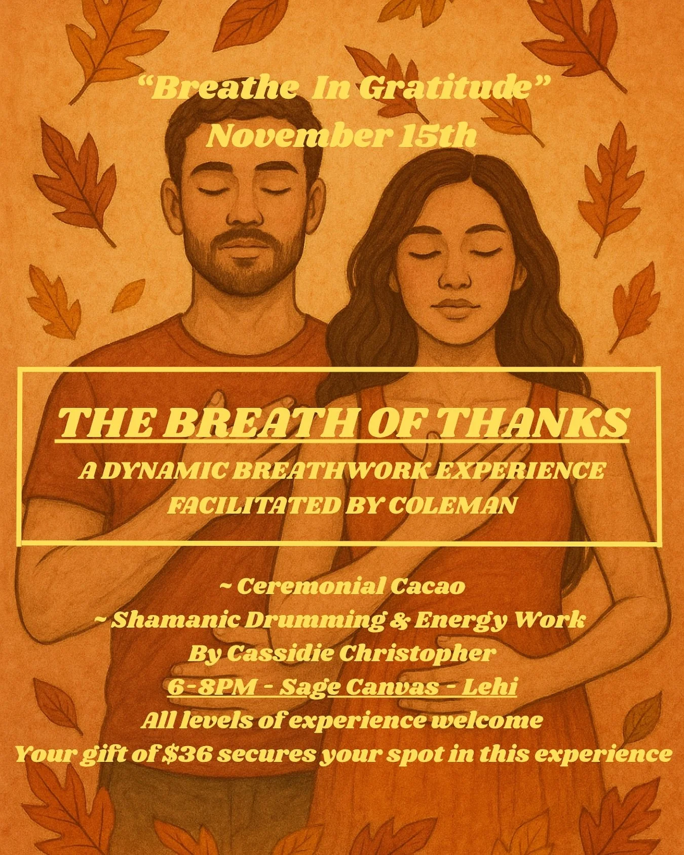 Sign-ups for &ldquo;The Breath of Thanks&rdquo; are now live!
.
Join me on November 15th from 6&ndash;8 PM at @sagecanvas.ut in Lehi for an evening of regulating, releasing and deep gratitude.
.
This dynamic breathwork journey begins with Ceremonial 
