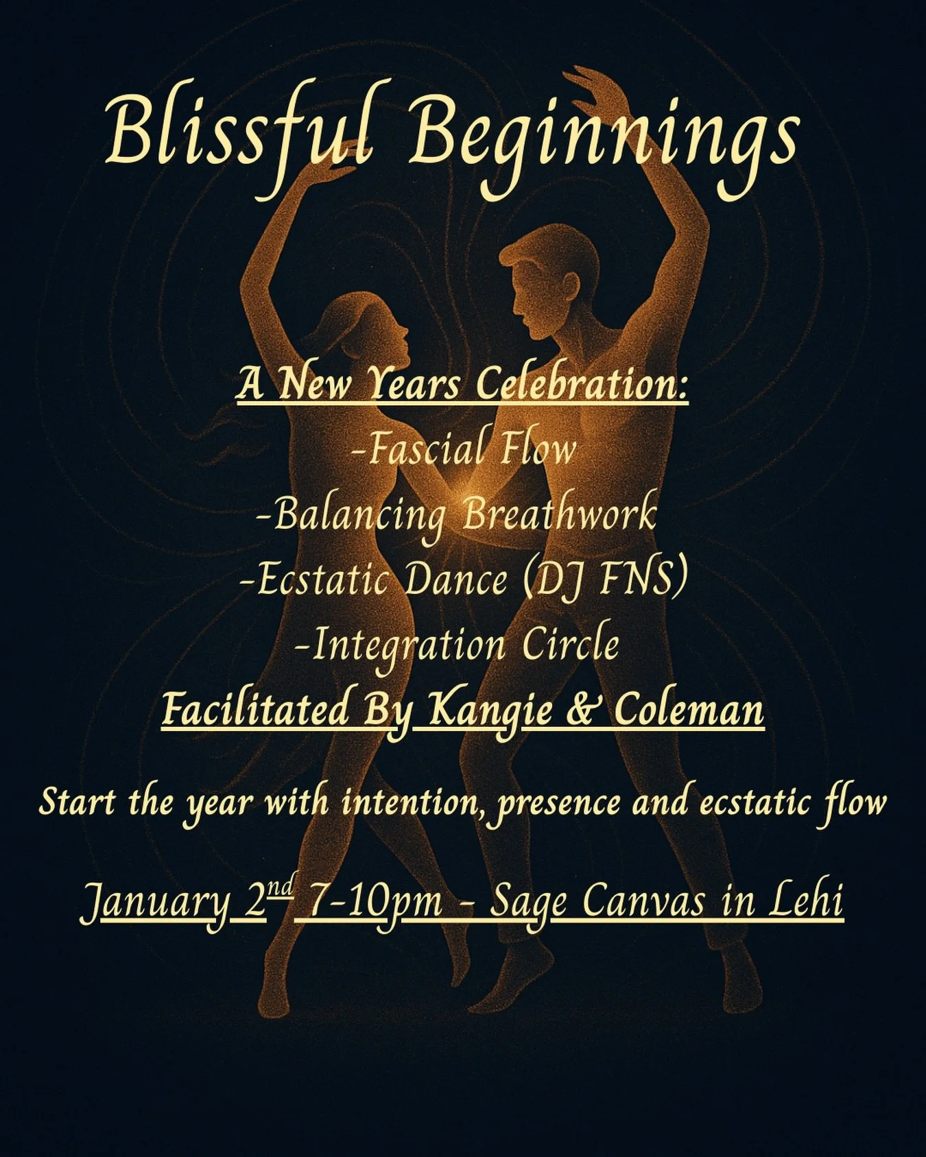 ✨Blissful Beginnings ✨ January 2nd | 7&ndash;10 p.m.
Start your new year with movement, breath and ecstatic dance. A night to clear out the old, step into the new and reconnect with your body and your power.
.
🧘🏼&zwj;♀️Fascial Flow Gentle stretches