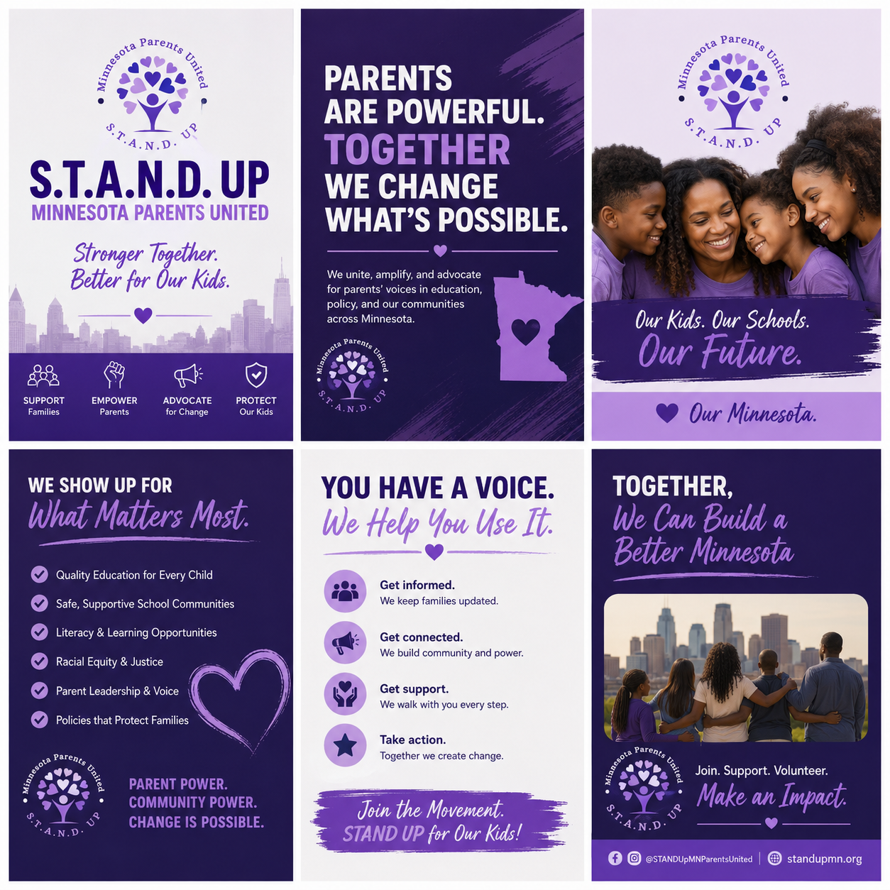 A collage of six posters promoting Minnesota Parents United (S.T.A.N.D. UP) with purple and white-themed designs, including slogans, symbols, and images of children, families, cityscapes, and the Minnesota state outline.