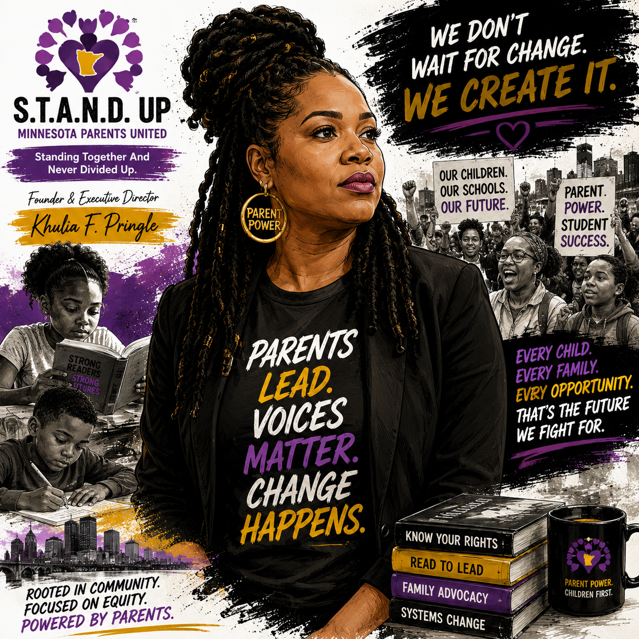Illustration of a woman with dreadlocks wearing a black jacket and large earrings with 'Parent Power' inscribed. Behind her is a crowd of diverse children and adults holding protest signs with messages supporting education and family power. The background contains cityscape silhouettes and slogans advocating for parental influence, youth education, and community equity.