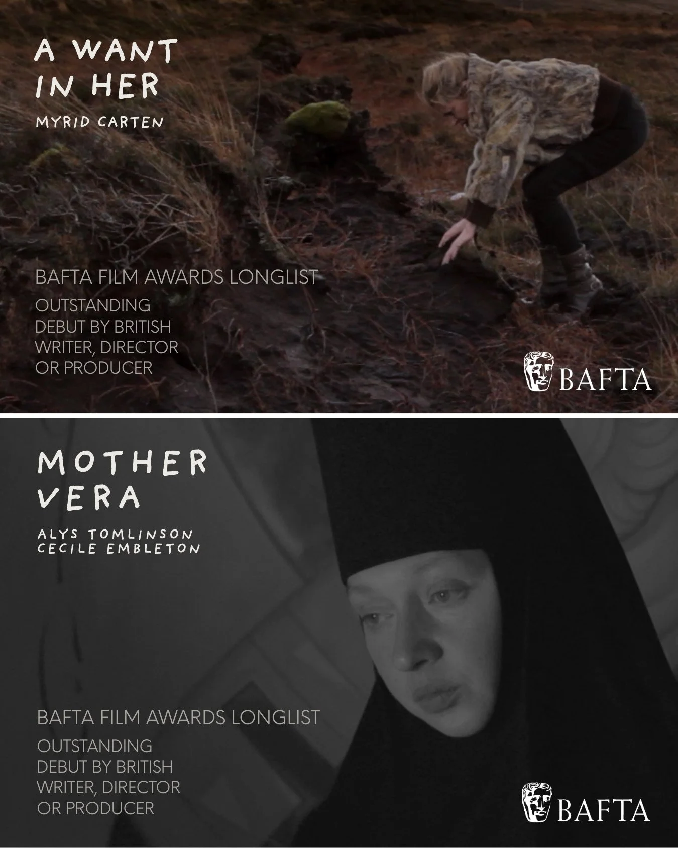 Congratulations to team A WANT IN HER &amp; MOTHER VERA for making the @bafta Outstanding Debut by British Writer, Director or Producer Award longlist!

A testament to the quality and strength of both titles, we are keeping everything crossed they re