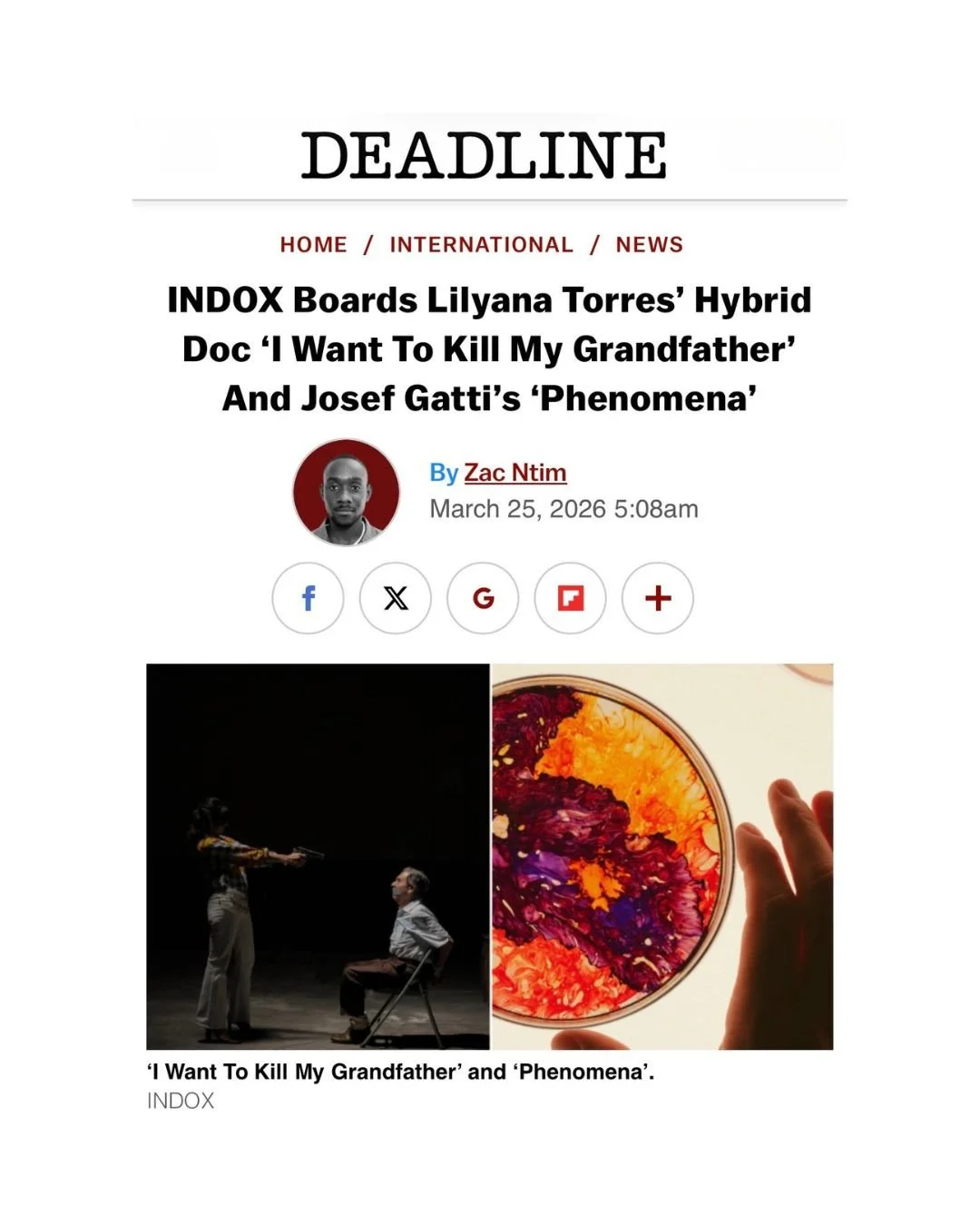 New Titles // Post-Production - Completed

As reported by @deadline we are very happy to share that we will be representing two new titles.

I WANT TO KILL MY GRANDFATHER // dir. Lilyana Torres (co-dir. @autentificarlos (Post-Production)

Director Li