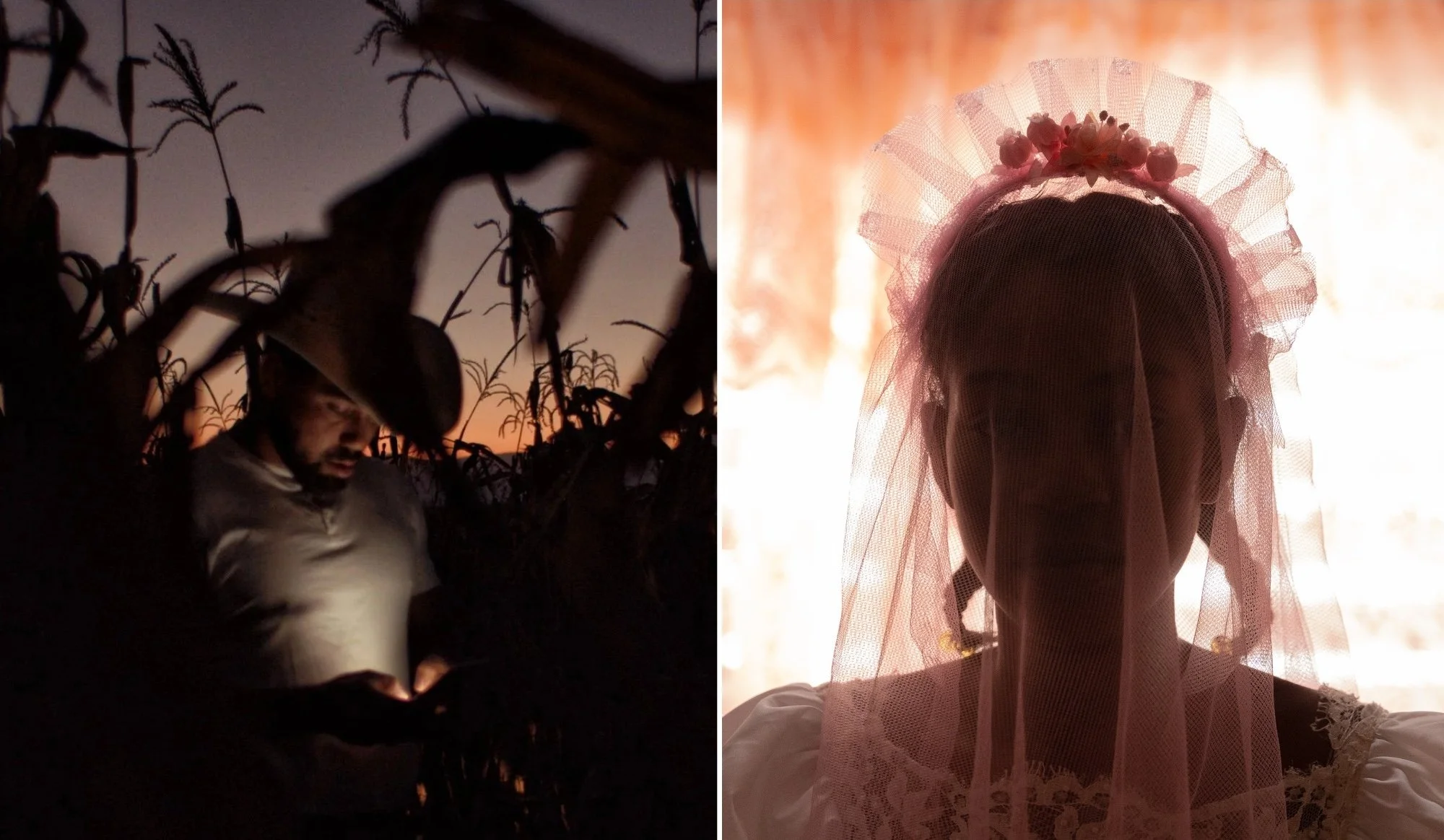 A split image featuring a man in a cornfield at sunset on the left, and a woman in a veil and lace clothing with bright backlighting on the right.