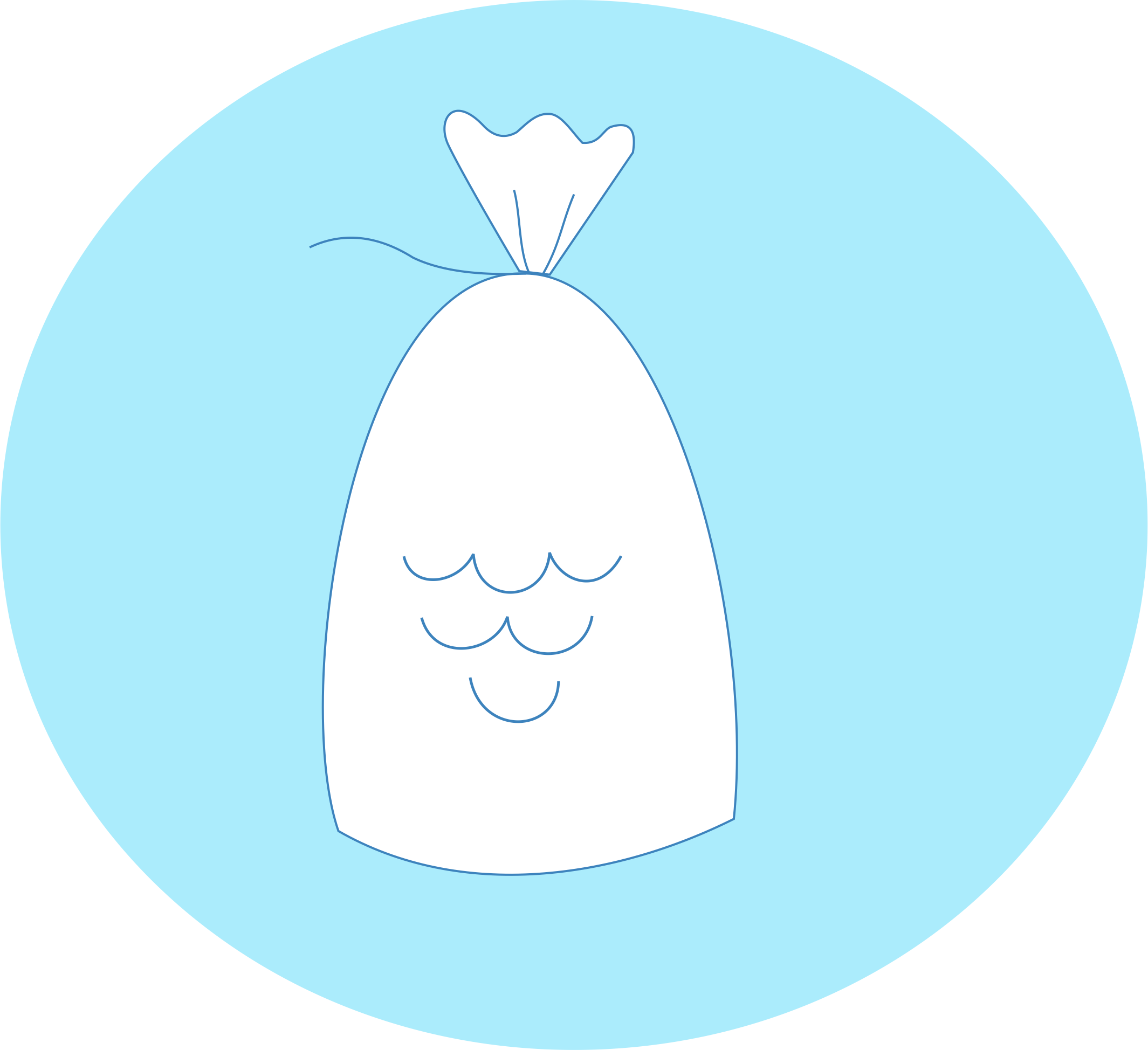 Line drawing of a white fishing weight with a blue fishing lure at the top, inside a light blue circular background.