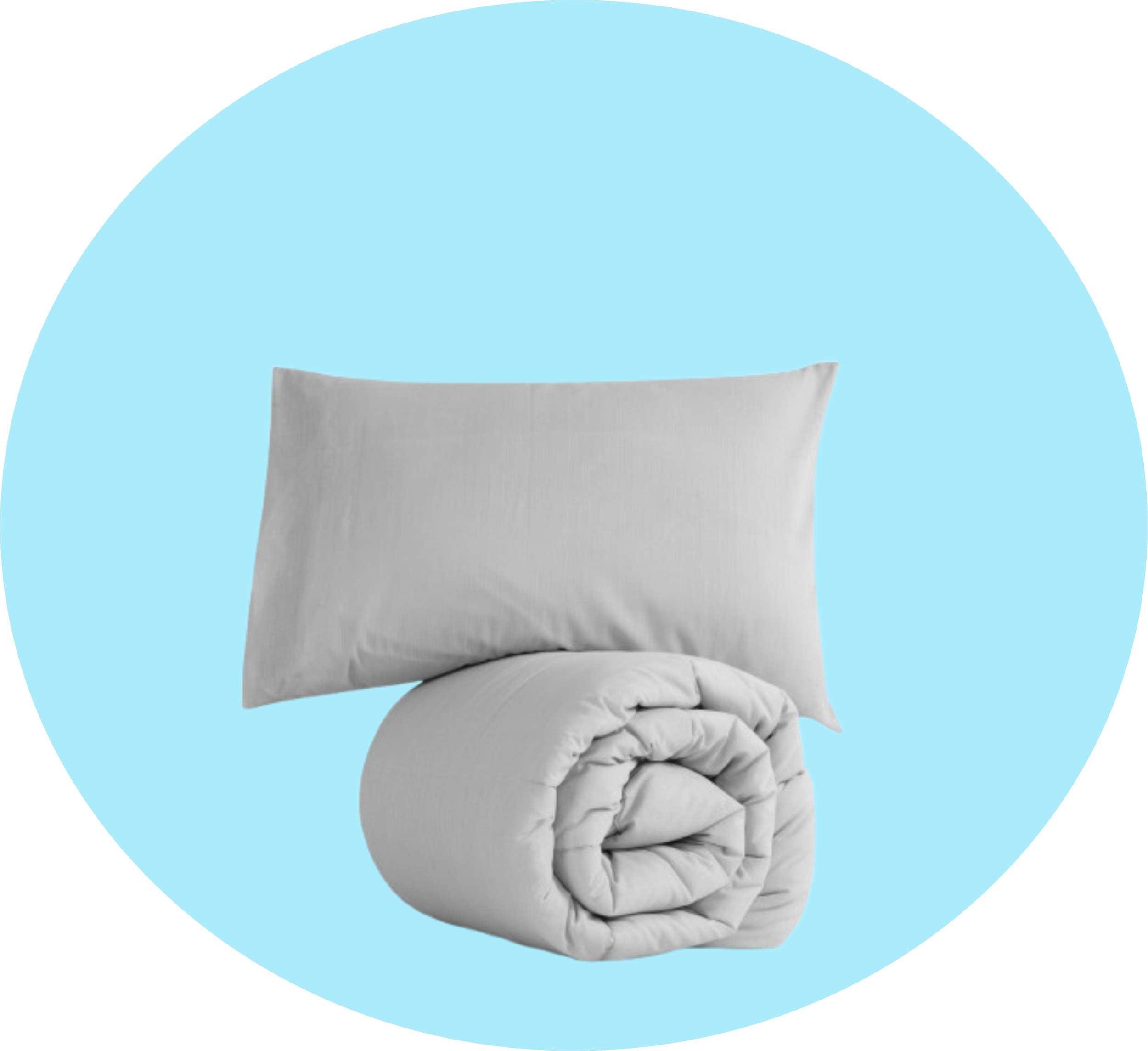 White pillow and a rolled-up white comforter on a light blue background.