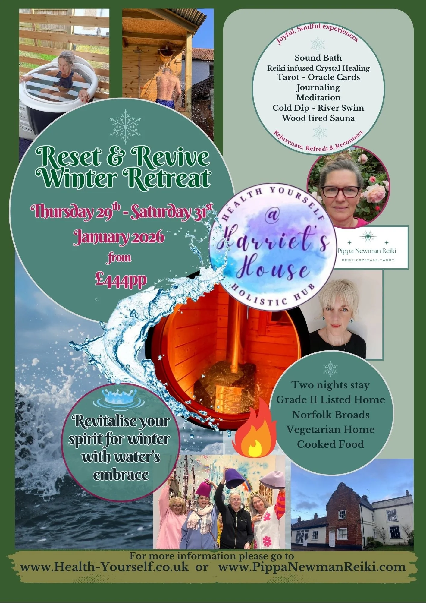 Flyer advertising a Winter Retreat at Harriet's House from January 29-31, 2026, starting at £444. Features water-based activities, sound bath, Reiki, crystal healing, tarot, journaling, meditation, cold dip, river swim, and wood-fired sauna. The flyer includes photos of relaxing water activities, individuals in outdoor and sauna settings, and people enjoying the retreat, along with contact information.
