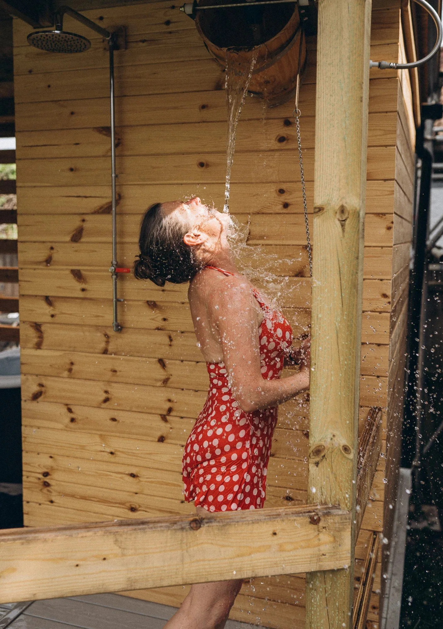 Garden shower, cold water therapy, cool off, wood fired sauna.  Health Yourself.  Harriets House.  Coltishall