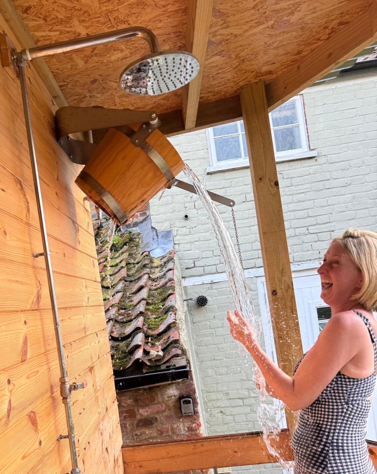 Garden shower, cold water therapy, cool off, wood fired sauna. Health Yourself. Harriets House. Coltishall


