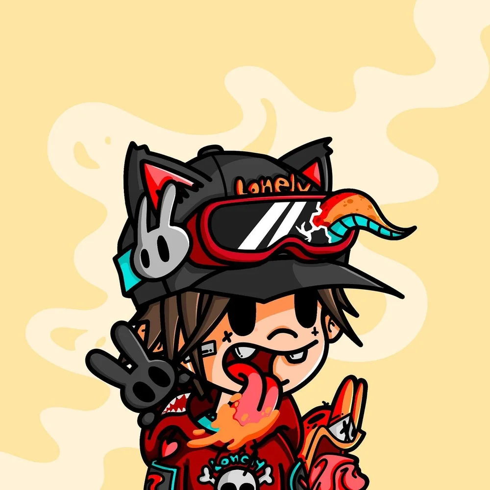 Kid character in a cat-ear cap and goggles with a drippy tongue, graffiti sticker art by Paul Vu