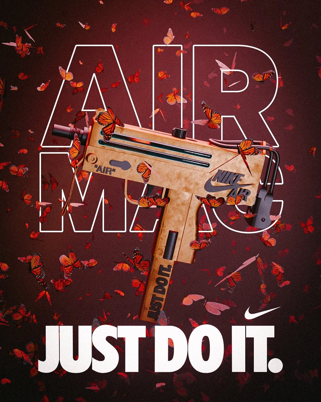 “Air Mac” 3D render: a cream and red MAC-10 with Air branding over a “Just do it” poster layout