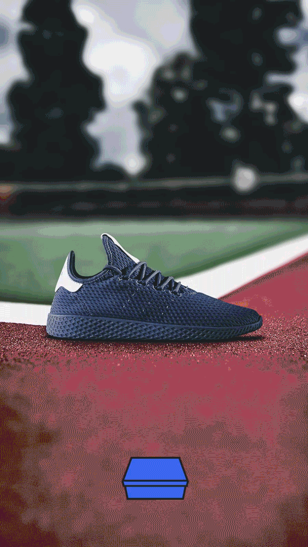 Kicks USA story graphic of a navy knit sneaker on a red tennis court