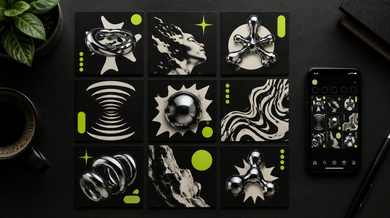 A grid of nine branded social media posts with a matching phone feed