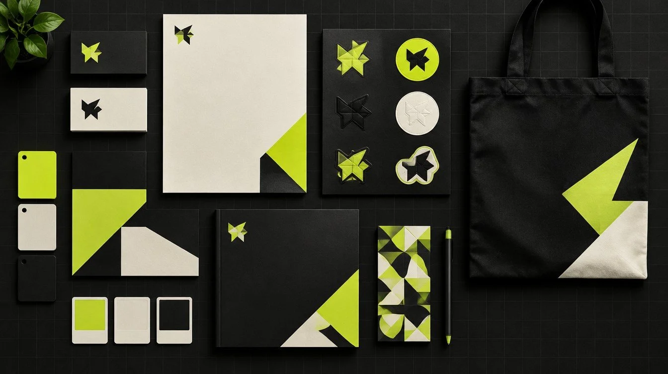 Brand identity system with business cards, stationery, a tote bag and color chips