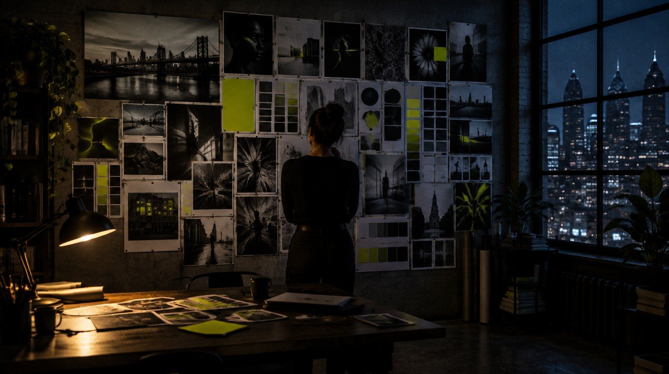 A creative director's moodboard wall in a dark studio