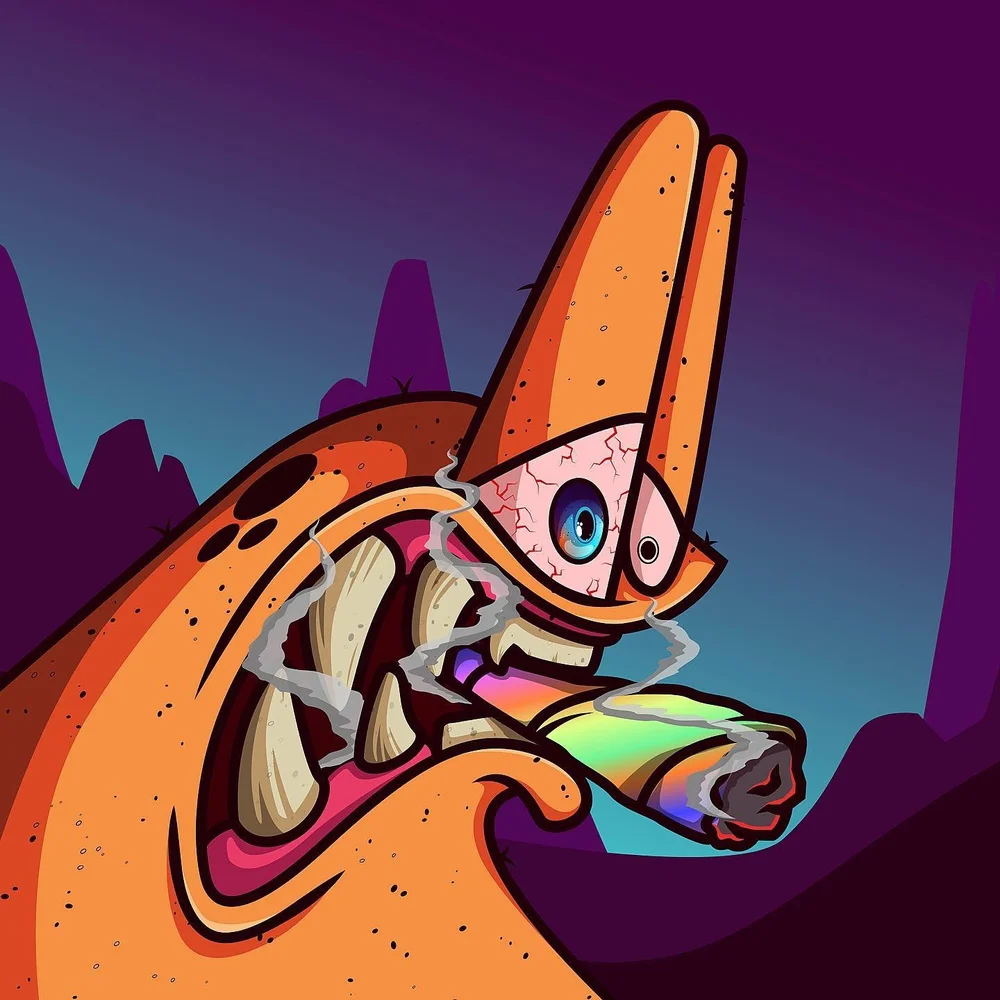 Orange Derp exhaling smoke on a purple background, graffiti sticker art by Paul Vu