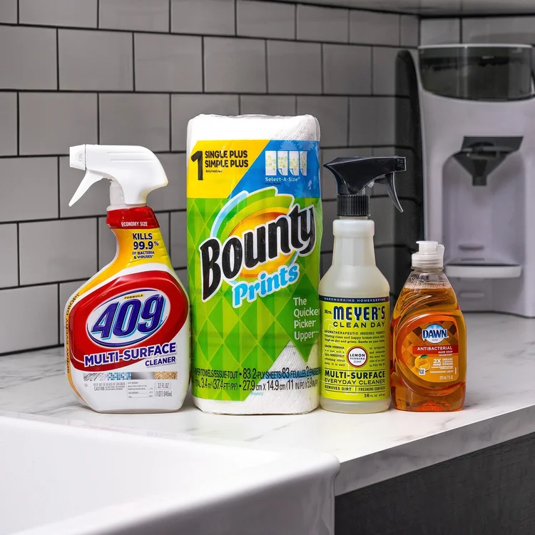 Household products styled on a kitchen counter for Gopuff