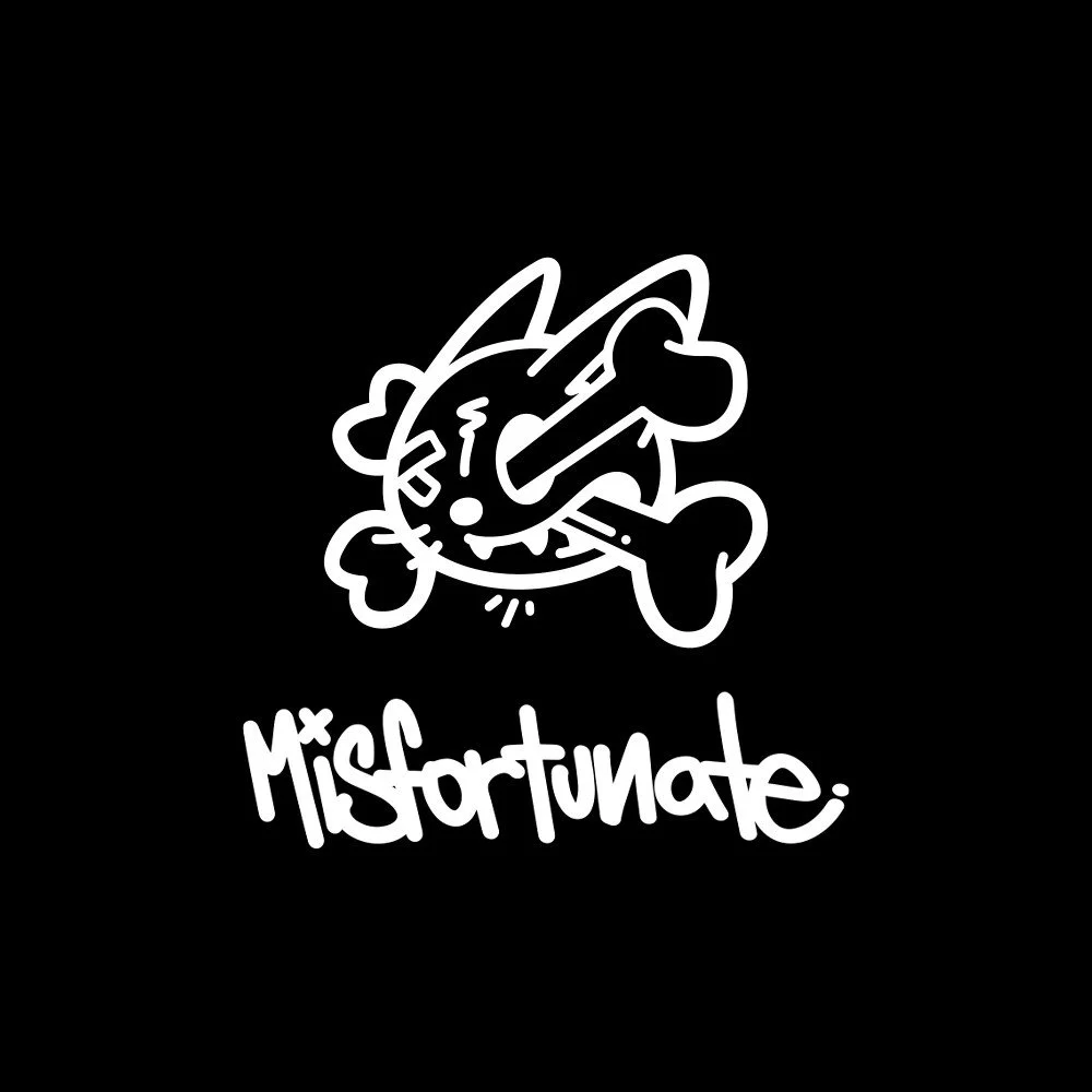 Misfortunate logo: a hand-drawn cat face with a bone and X eyes above a scrawled wordmark