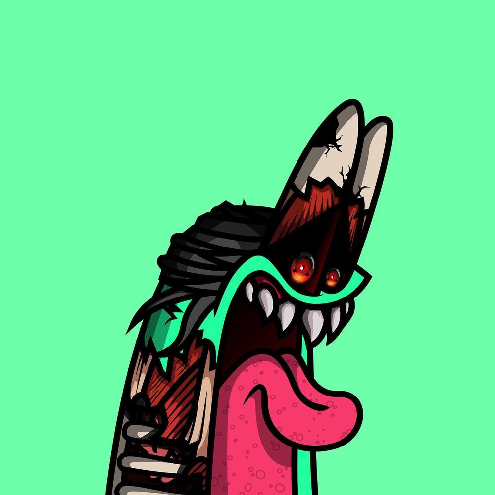 Skinned Derp with exposed teeth and red eyes on a mint background, graffiti sticker art by Paul Vu