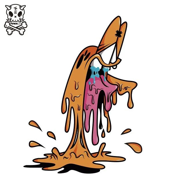 Orange Derp character melting into a drippy puddle, graffiti sticker art by Paul Vu