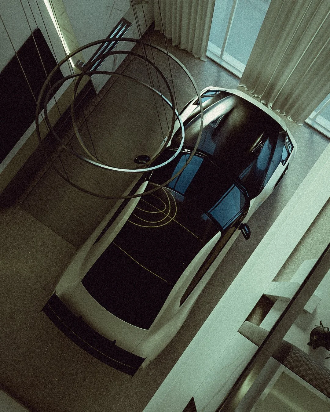 Top-down view of the white GT-R between glass walls and curtains
